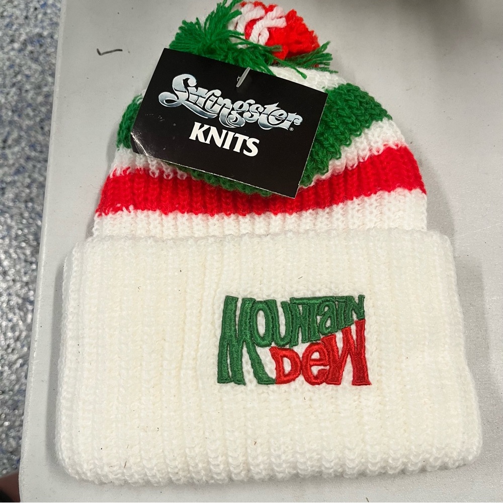 Mountain Dew Vintage Rare Pom-Pom Beanie hat- Red, Green, and White